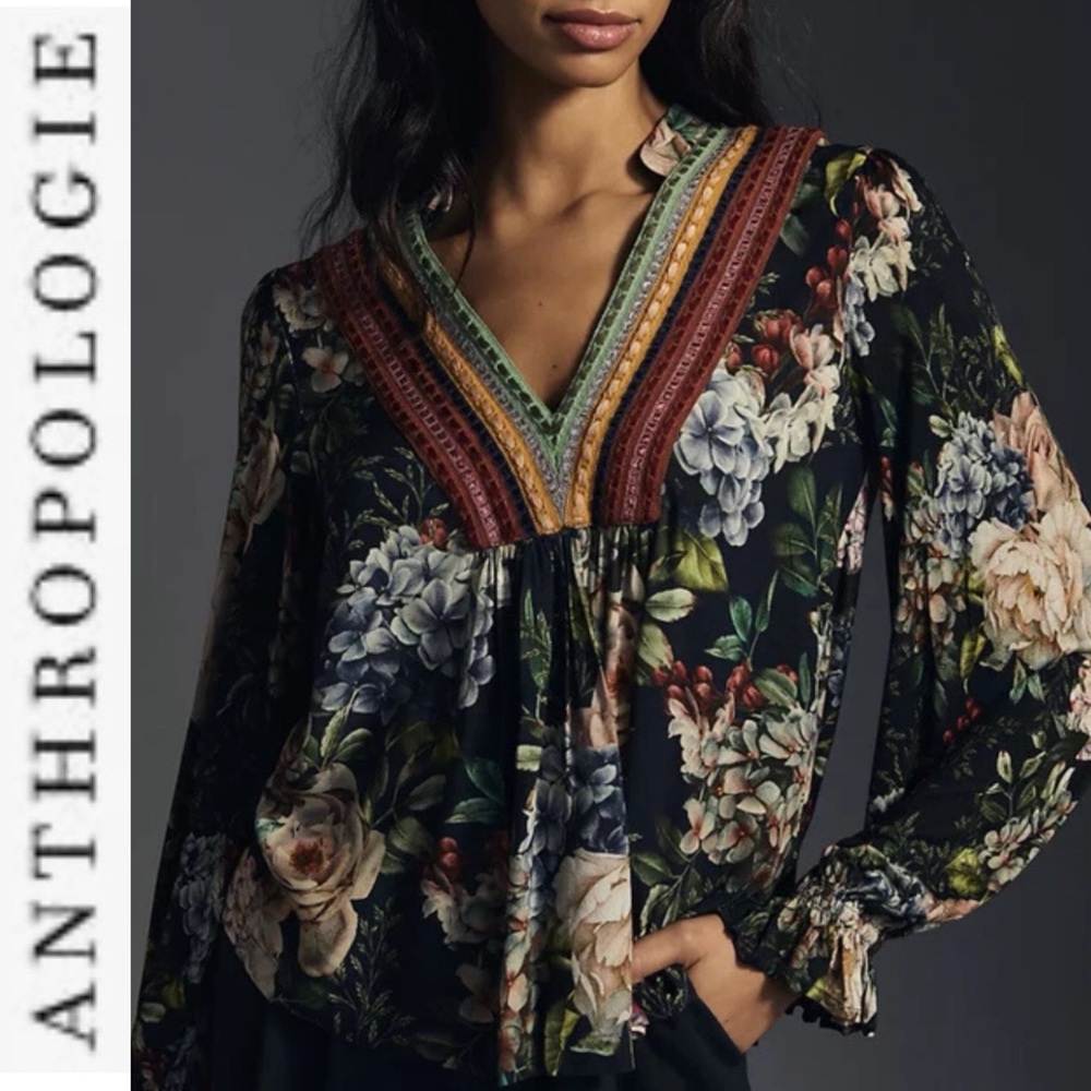 Bl^nk London x Anthropologie Stephanie Long Sleeve Floral V-neck Top PXS